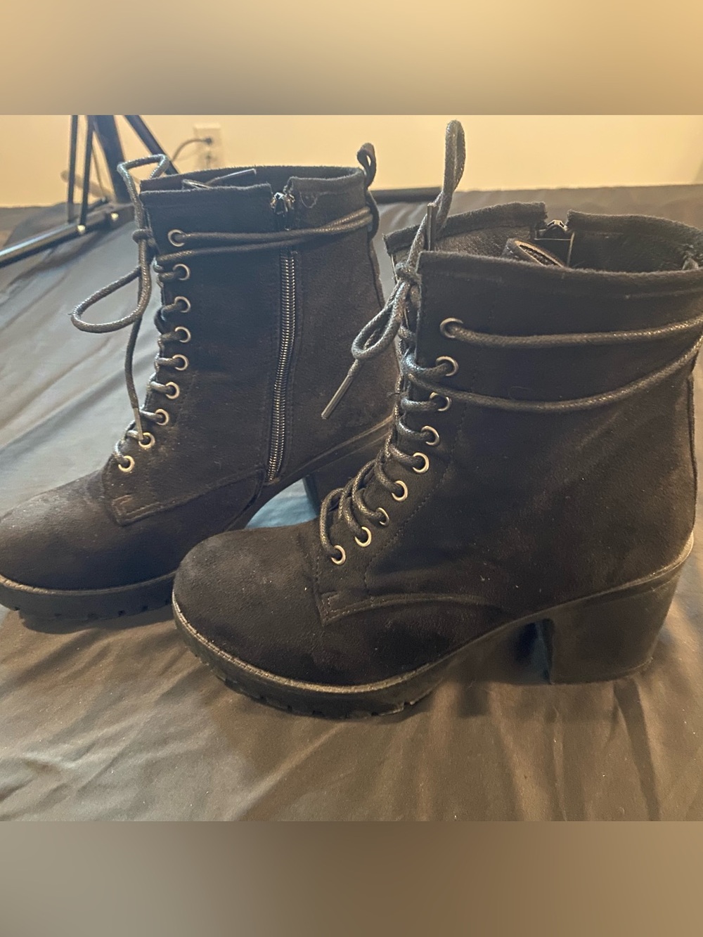 Women's Black Lace-Up Heeled Combat Boots